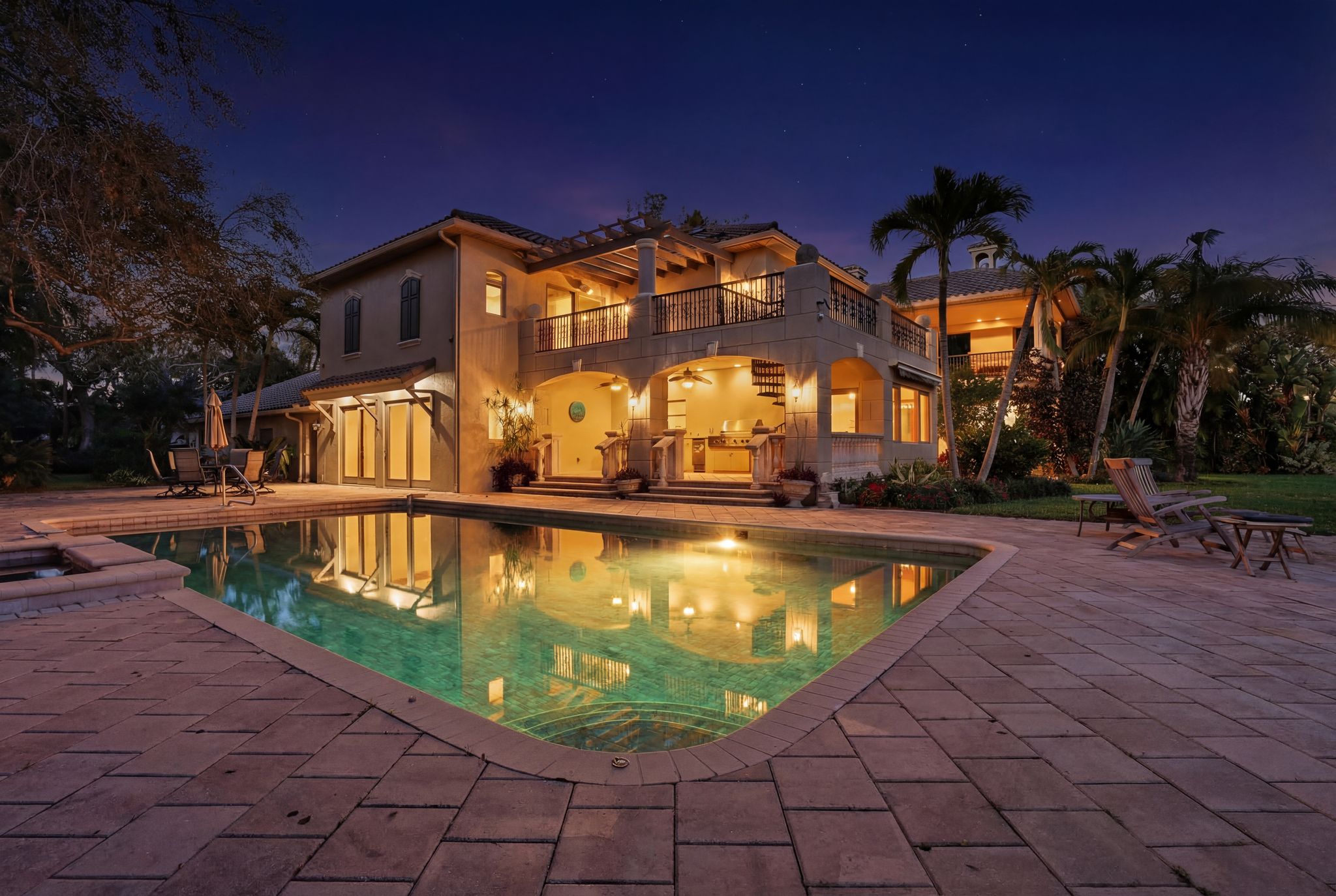 Pool and exterior at twilight