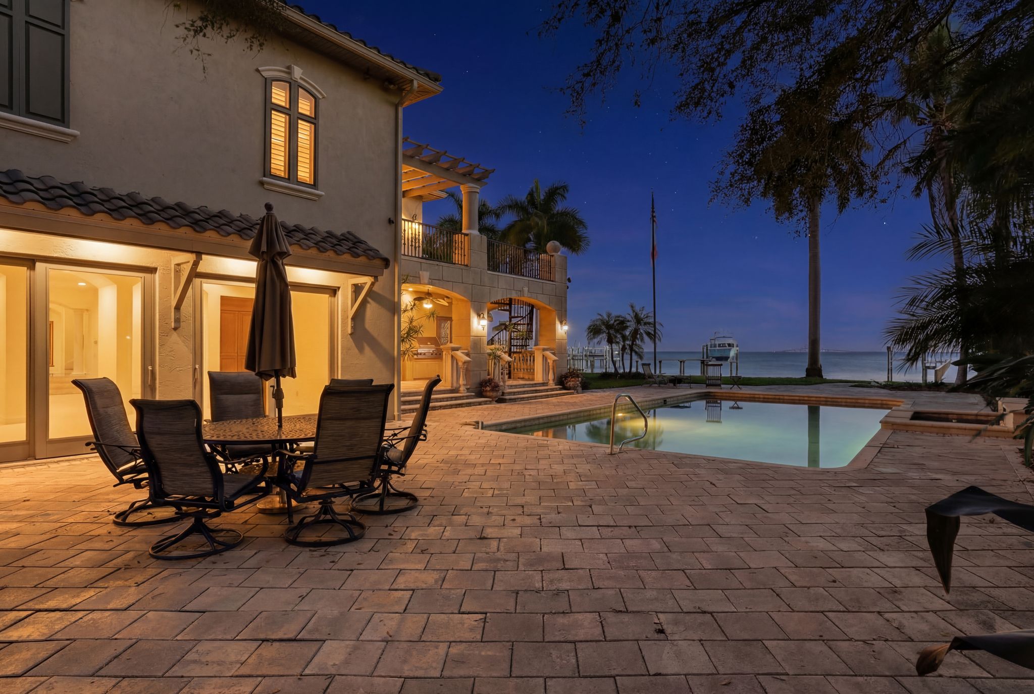 Outdoor dining area with bay view
