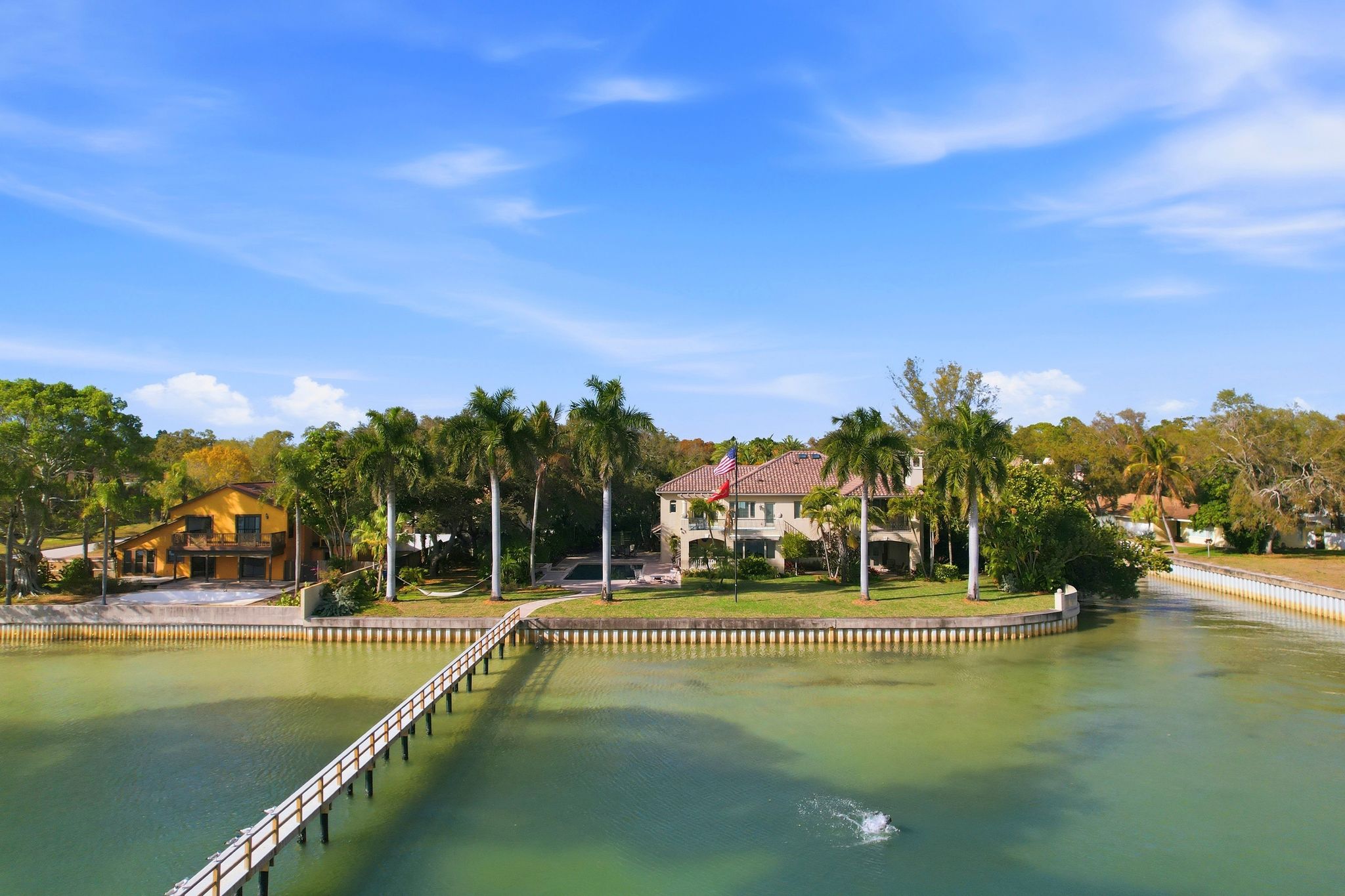 Aerial view from Tampa Bay showing both waterfront properties with seawall, private dock, royal palms, and American flag