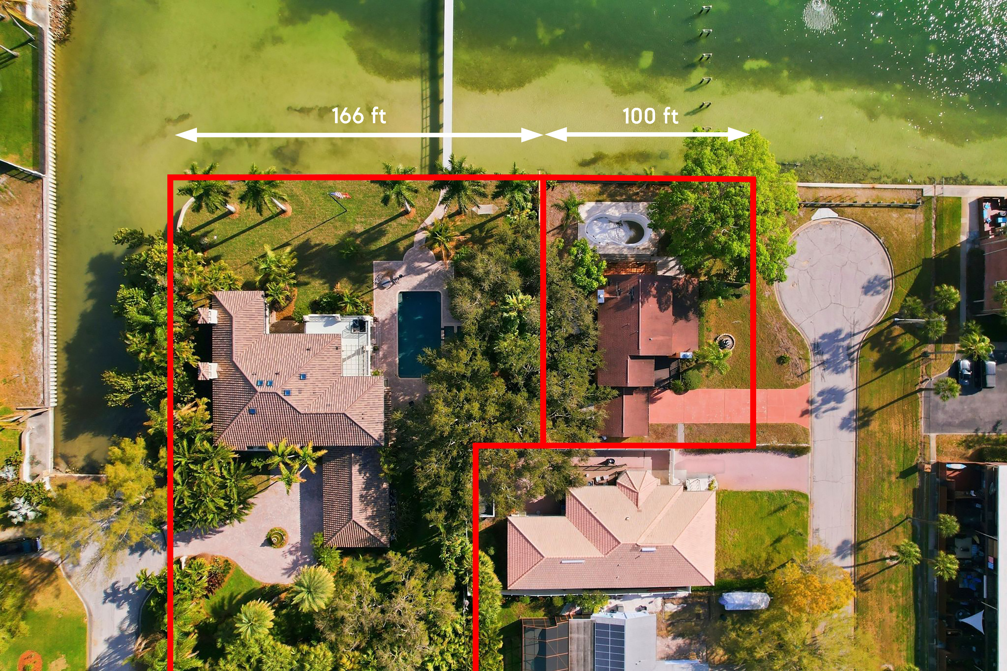 Overhead parcel map showing both properties — 6755 30th St S (166 ft frontage) and 6754 31st St S (100 ft frontage) — side by side on the waterfront